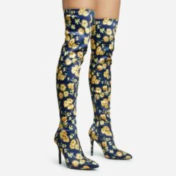 EGO Alabama Pointed Toe Over The Knee Thigh High Long Sock Boot In Floral Print Lycra