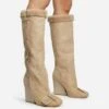 EGO Senna Faux Fur Buckle Detail Square Toe Wedge Heel Knee High Long Boot In Beige Faux Suede -EGO Sales 28 10 22 fw28158 sq