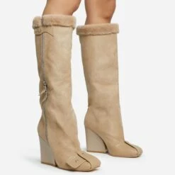 EGO Senna Faux Fur Buckle Detail Square Toe Wedge Heel Knee High Long Boot In Beige Faux Suede