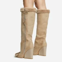 EGO Senna Faux Fur Buckle Detail Square Toe Wedge Heel Knee High Long Boot In Beige Faux Suede -EGO Sales 28 10 22 fw28161 sq