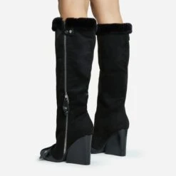 EGO Senna Faux Fur Buckle Detail Square Toe Wedge Heel Knee High Long Boot In Black Faux Suede -EGO Sales 28 10 22 fw28166 sq