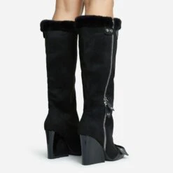 EGO Senna Faux Fur Buckle Detail Square Toe Wedge Heel Knee High Long Boot In Black Faux Suede -EGO Sales 28 10 22 fw28167 sq
