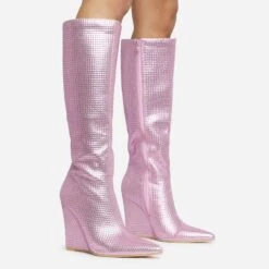 EGO Rowen Pointed Toe Wedge Heel Knee High Long Boot In Pink Diamante