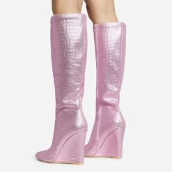 EGO Rowen Pointed Toe Wedge Heel Knee High Long Boot In Pink Diamante -EGO Sales 28 10 22 fw28186 sq 1