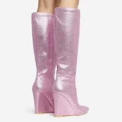 EGO Rowen Pointed Toe Wedge Heel Knee High Long Boot In Pink Diamante -EGO Sales 28 10 22 fw28187 sq