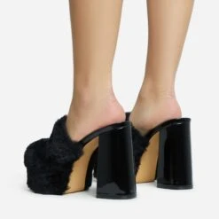 EGO Smoothie Faux Fur Detail Closed Toe Platform Block Heel Mule In Black Patent -EGO Sales 28 10 22 fw28221 sb2