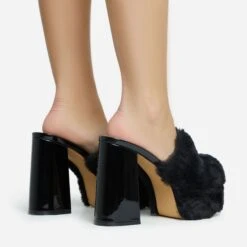 EGO Smoothie Faux Fur Detail Closed Toe Platform Block Heel Mule In Black Patent -EGO Sales 28 10 22 fw28222 sb