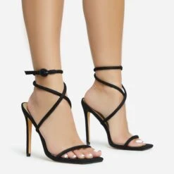 EGO Lena-Olin Cross Ankle Strap Square Toe Stiletto Heel In Black Faux Suede