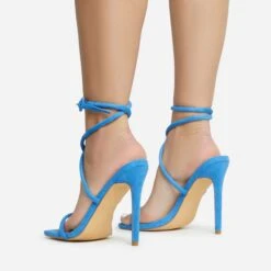 EGO Lena-Olin Cross Ankle Strap Square Toe Stiletto Heel In Blue Faux Suede -EGO Sales 28 10 22 fw28258 sb