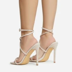 EGO Lena-Olin Cross Ankle Strap Square Toe Stiletto Heel In Nude Faux Suede -EGO Sales 28 10 22 fw28263 sb
