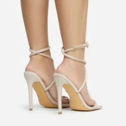 EGO Lena-Olin Cross Ankle Strap Square Toe Stiletto Heel In Nude Faux Suede -EGO Sales 28 10 22 fw28264 sb2
