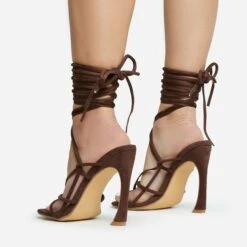 EGO Shanice Lace Up Strappy Square Toe Statement Thin Block Heel In Brown Faux Suede -EGO Sales 28 10 22 fw28268 sq
