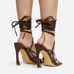 EGO Shanice Lace Up Strappy Square Toe Statement Thin Block Heel In Brown Faux Suede -EGO Sales 28 10 22 fw28269 sq