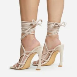 EGO Shanice Lace Up Strappy Square Toe Statement Thin Block Heel In Nude Faux Suede -EGO Sales 28 10 22 fw28279 sq