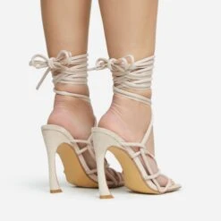 EGO Shanice Lace Up Strappy Square Toe Statement Thin Block Heel In Nude Faux Suede -EGO Sales 28 10 22 fw28280 sq
