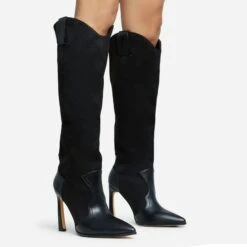 EGO Run-Wild Pointed Toe Stiletto Heel Knee High Long Western Cowboy Boot In Black Faux Suede And Faux Leather