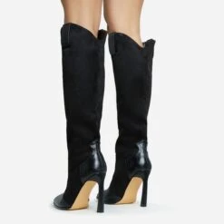 EGO Run-Wild Pointed Toe Stiletto Heel Knee High Long Western Cowboy Boot In Black Faux Suede And Faux Leather -EGO Sales 28 10 22 fw28388 sq