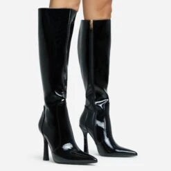EGO Forest Pointed Toe Stiletto Heel Knee High Long Boot In Black Patent