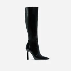 EGO Forest Pointed Toe Stiletto Heel Knee High Long Boot In Black Patent -EGO Sales 28 10 22 fw28402 sq