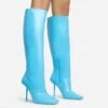 EGO Lavia Square Toe Stiletto Heel Knee High Long Boot In Blue Faux Leather -EGO Sales 28 10 22 fw28422 s