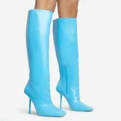 EGO Lavia Square Toe Stiletto Heel Knee High Long Boot In Blue Faux Leather