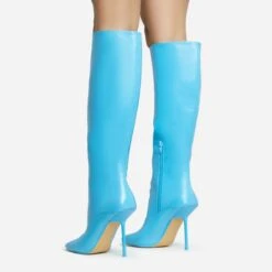 EGO Lavia Square Toe Stiletto Heel Knee High Long Boot In Blue Faux Leather -EGO Sales 28 10 22 fw28424 sb
