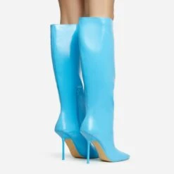 EGO Lavia Square Toe Stiletto Heel Knee High Long Boot In Blue Faux Leather -EGO Sales 28 10 22 fw28425 sb2
