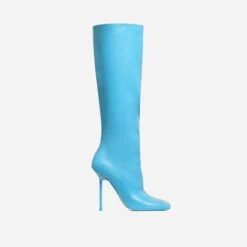 EGO Lavia Square Toe Stiletto Heel Knee High Long Boot In Blue Faux Leather -EGO Sales 28 10 22 fw28426 sq
