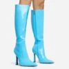 EGO Forest Pointed Toe Stiletto Heel Knee High Long Boot In Blue Patent -EGO Sales 28 10 22 fw28440 sq