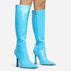 EGO Forest Pointed Toe Stiletto Heel Knee High Long Boot In Blue Patent