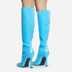 EGO Forest Pointed Toe Stiletto Heel Knee High Long Boot In Blue Patent -EGO Sales 28 10 22 fw28442 sq