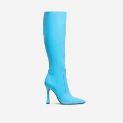 EGO Forest Pointed Toe Stiletto Heel Knee High Long Boot In Blue Patent -EGO Sales 28 10 22 fw28444 sq