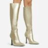 EGO Forest Pointed Toe Stiletto Heel Knee High Long Boot In Gold Faux Leather -EGO Sales 28 10 22 fw28446 sq
