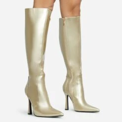 EGO Forest Pointed Toe Stiletto Heel Knee High Long Boot In Gold Faux Leather