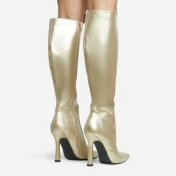 EGO Forest Pointed Toe Stiletto Heel Knee High Long Boot In Gold Faux Leather -EGO Sales 28 10 22 fw28449 sq