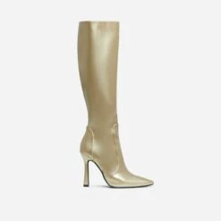 EGO Forest Pointed Toe Stiletto Heel Knee High Long Boot In Gold Faux Leather -EGO Sales 28 10 22 fw28450 sq
