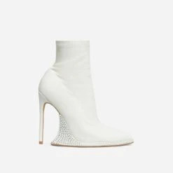 EGO Ida Diamante Detail Pointed Toe Statement Platform Stiletto Heel Ankle Sock Boot In Cream Faux Leather -EGO Sales 28 10 22 fw28453 sq