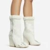 EGO Mayu Faux Fur Buckle Detail Square Toe Wedge Heel Ankle Biker Boot In Cream Faux Suede