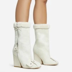 EGO Mayu Faux Fur Buckle Detail Square Toe Wedge Heel Ankle Biker Boot In Cream Faux Suede