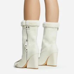 EGO Mayu Faux Fur Buckle Detail Square Toe Wedge Heel Ankle Biker Boot In Cream Faux Suede -EGO Sales 28 10 22 fw28464 sq
