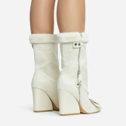 EGO Mayu Faux Fur Buckle Detail Square Toe Wedge Heel Ankle Biker Boot In Cream Faux Suede -EGO Sales 28 10 22 fw28465 sq