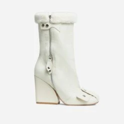 EGO Mayu Faux Fur Buckle Detail Square Toe Wedge Heel Ankle Biker Boot In Cream Faux Suede -EGO Sales 28 10 22 fw28466 sq