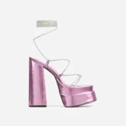 EGO Star-Walker Lace Up Diamante Knotted Strap Detail Extreme Platform Block Heel In Pink Metallic Faux Leather -EGO Sales 28 10 22 fw30004 1 sq
