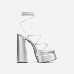 EGO Star-Walker Lace Up Diamante Knotted Strap Detail Extreme Platform Block Heel In Silver Metallic Faux Leather -EGO Sales 28 10 22 fw30004 2 sq