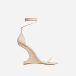 EGO Time-Flies Lace Up Square Toe Cut Out Wedge Heel In Nude Faux Leather -EGO Sales 28 10 22 fw30006 sq