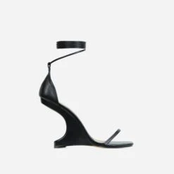 EGO Time-Flies Lace Up Square Toe Cut Out Wedge Heel In Black Faux Leather -EGO Sales 28 10 22 fw30007 sq