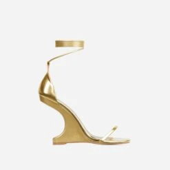 EGO Time-Flies Lace Up Square Toe Cut Out Wedge Heel In Gold Faux Leather -EGO Sales 28 10 22 fw30009 sq