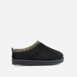 EGO Catch-Up Aztec Detail Faux Fur Lining Flat Slipper In Black Faux Suede