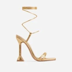 EGO Ring-Top Strappy Lace Up Square Toe Sculptured Heel In Gold Faux Leather -EGO Sales 29 073425