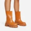 EGO Fayre Chunky Sole Ankle Biker Boot In Tan Brown Faux Leather -EGO Sales 2 12 21 cutouts onfoot2530 copy